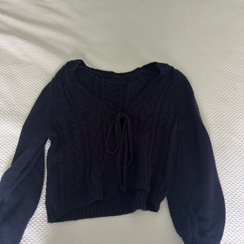 Navy Cable Knit Sweater Tie Front